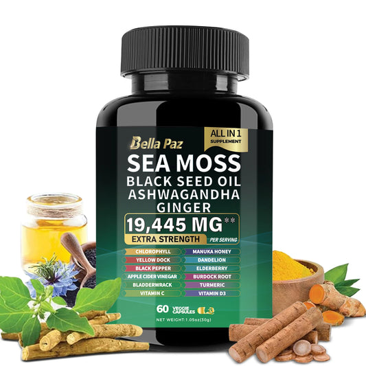 Sea Moss, Black Seed, Ashwagandha, Turmeric, with Vitamin C, D3, Elderberry, & more.